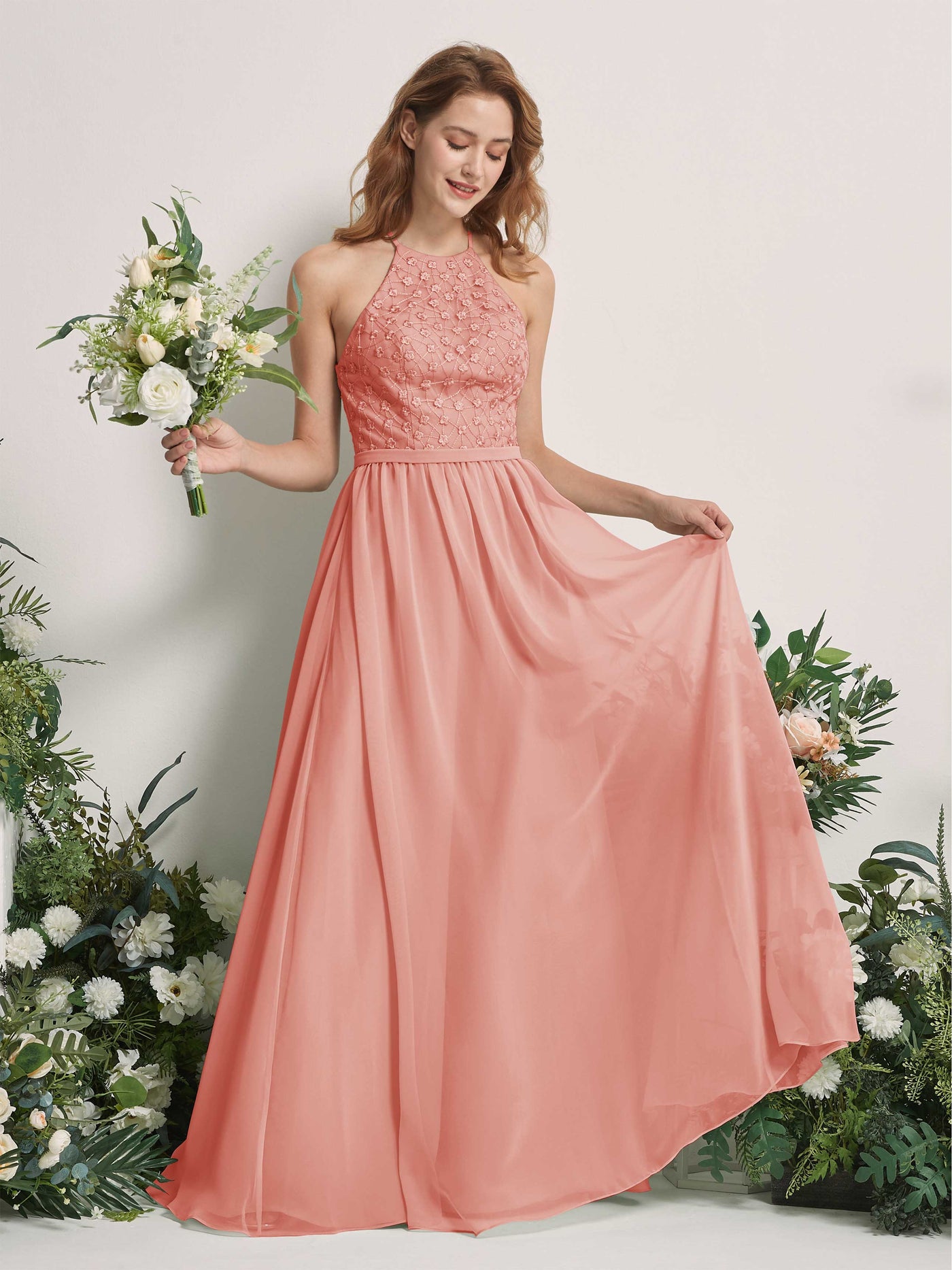 Champagne Rose Bridesmaid Dresses A-line Halter Sleeveless Chiffon Dresses (83220806)#color_champagne-rose