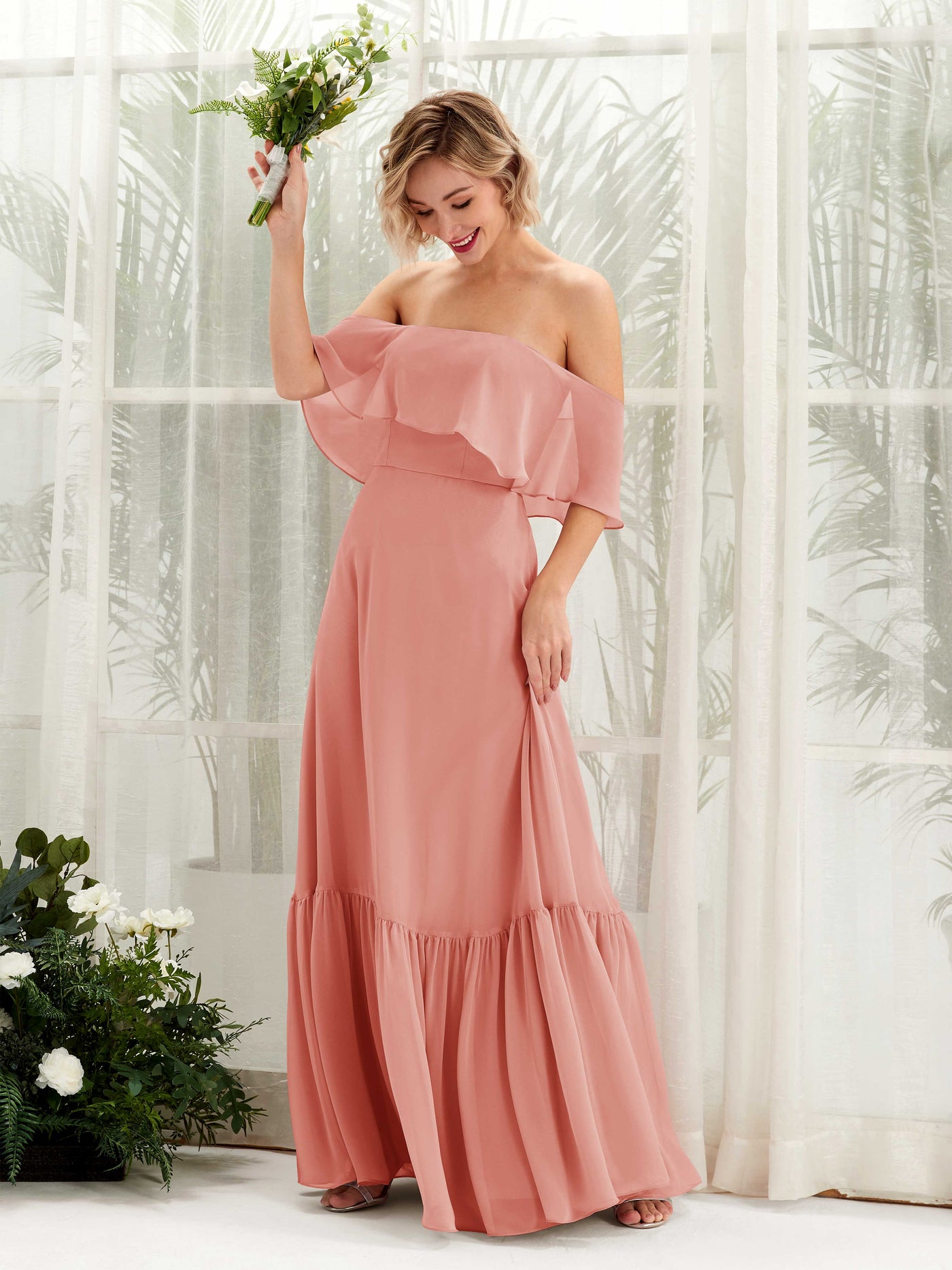 Carlyna Joie A-Line Champagne Rose Bridesmaid Dress Maxi Sleeveless Off the Shoulder Dress #color_champagne-rose