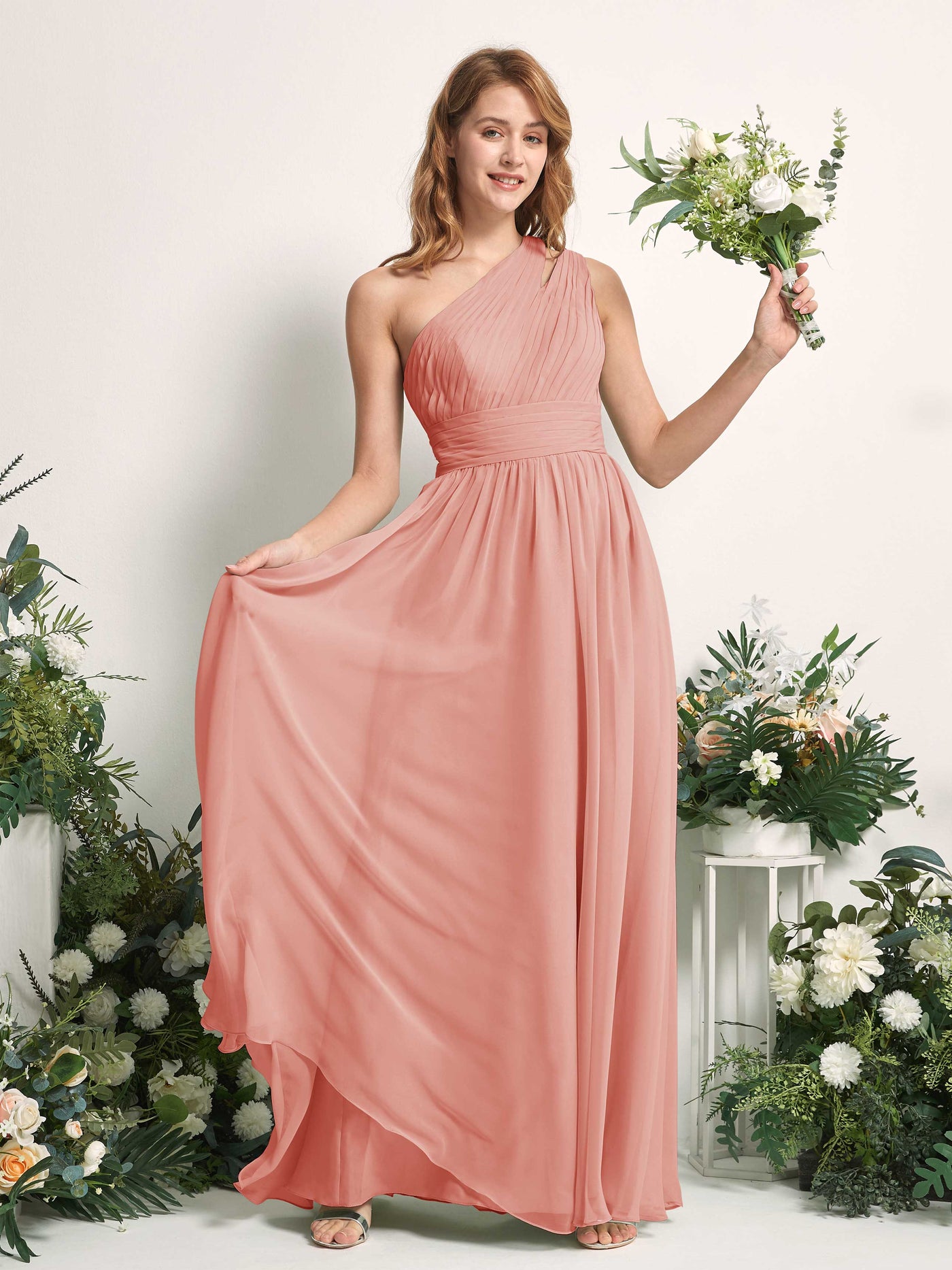 Carlyna Evelyn A-Line Champagne Rose Bridesmaid Dress Maxi Sleeveless One Shoulder Dress #color_champagne-rose