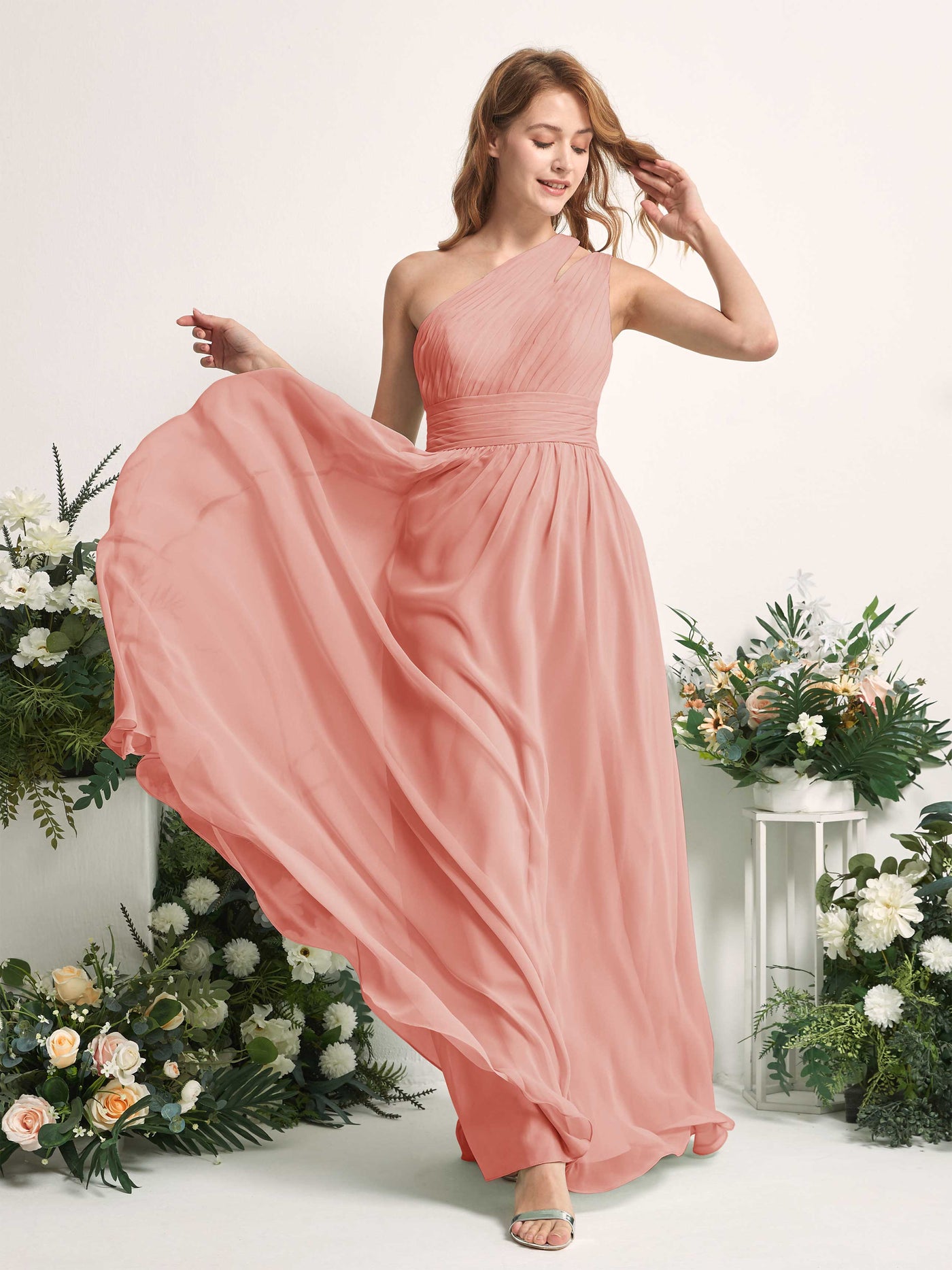 Carlyna Evelyn A-Line Champagne Rose Bridesmaid Dress Maxi Sleeveless One Shoulder Dress #color_champagne-rose