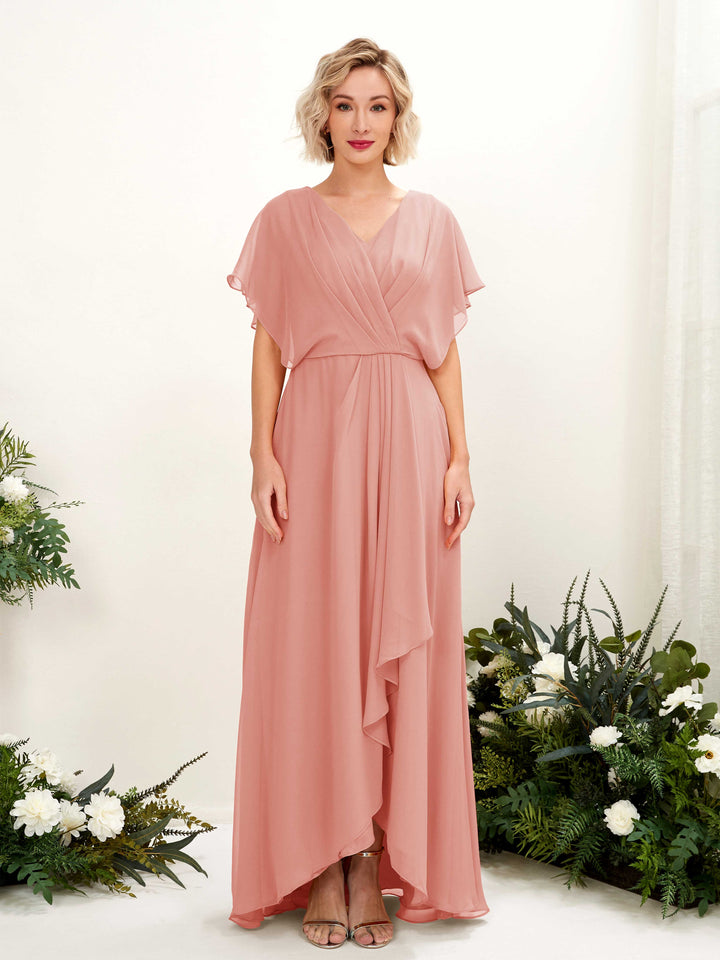 A-line V-neck Short Sleeves Chiffon Bridesmaid Dress - Champagne Rose (81222106)