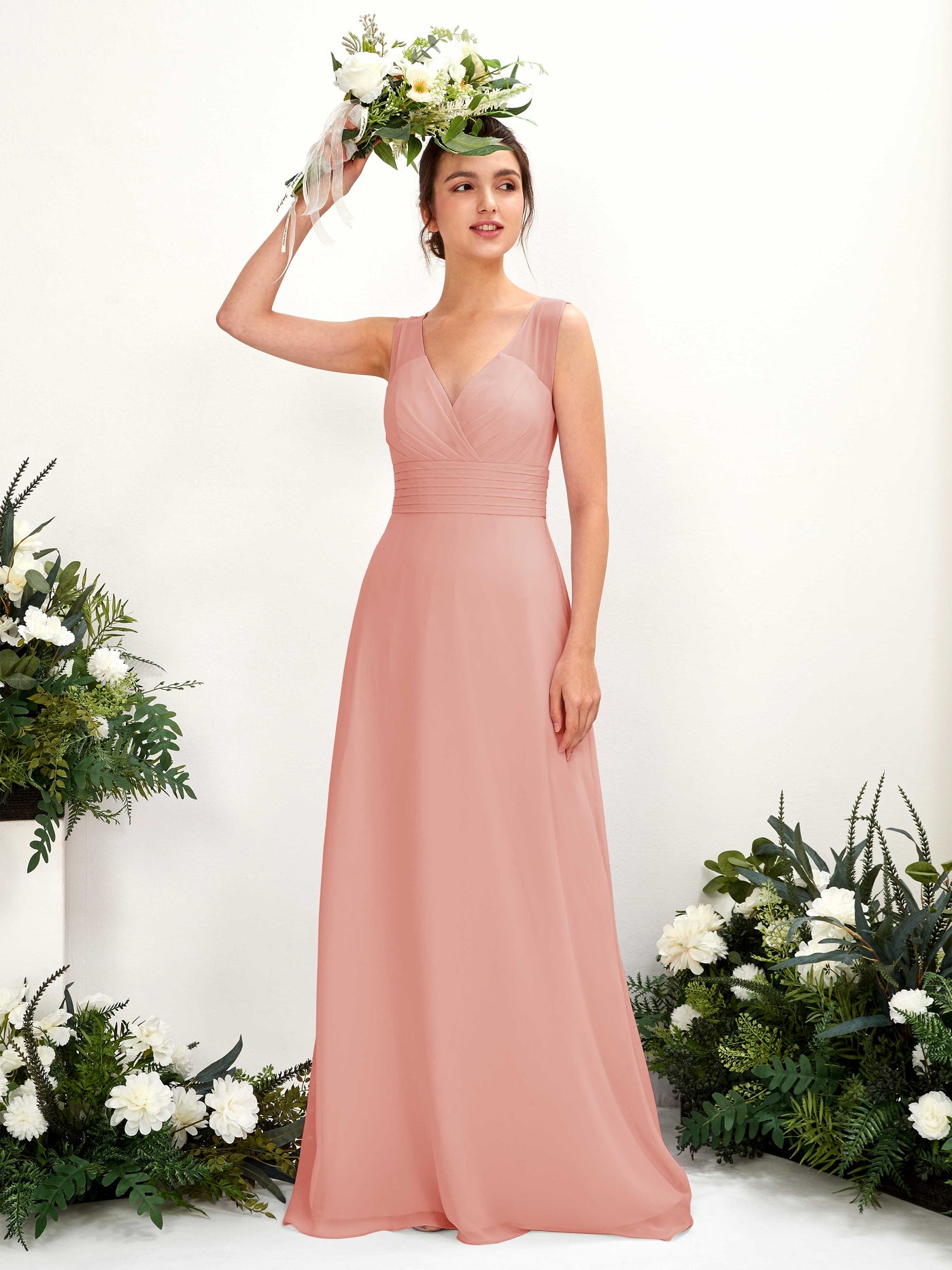 Carlyna Karen A-Line Champagne Rose Bridesmaid Dress Maxi Sleeveless V-Neck Dress #color_champagne-rose