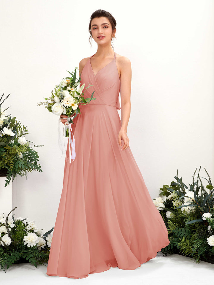 Carlyna Launo A-Line Champagne Rose Bridesmaid Dress Maxi Sleeveless V-Neck Dress 