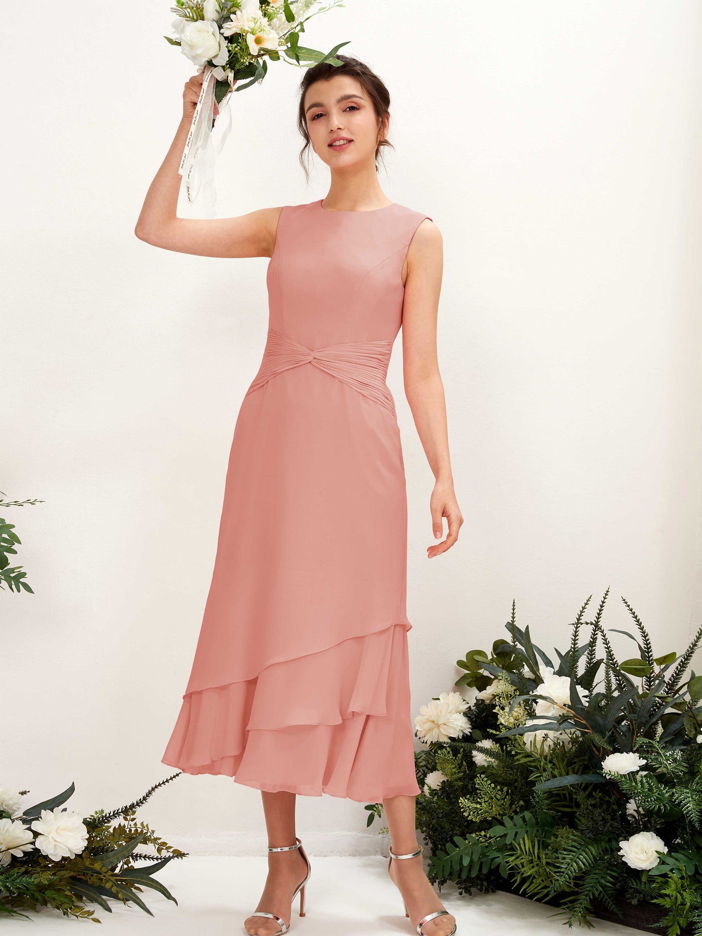 Mermaid/Trumpet Round Sleeveless Chiffon Bridesmaid Dress - Champagne Rose (81221906)#color_champagne-rose