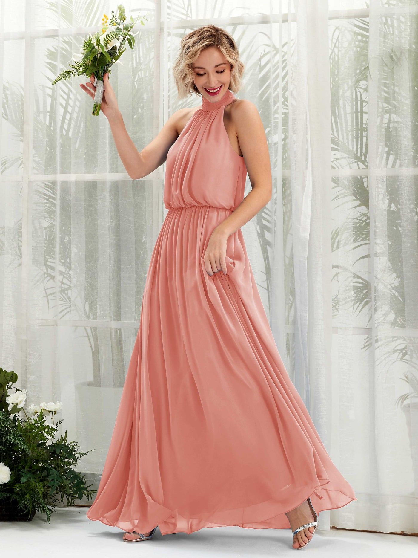 Halter Sleeveless Chiffon Bridesmaid Dress - Champagne Rose (81222906)#color_champagne-rose