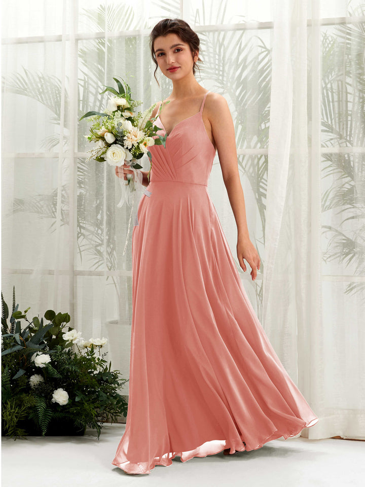 Spaghetti-straps V-neck Sleeveless Bridesmaid Dress - Champagne Rose (81224206)