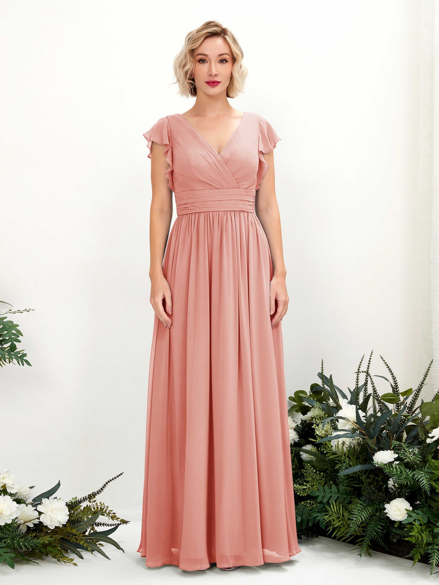 Carlyna Grino A-Line Champagne Rose Bridesmaid Dress Maxi Cap Sleeve V-Neck Dress #color_champagne-rose