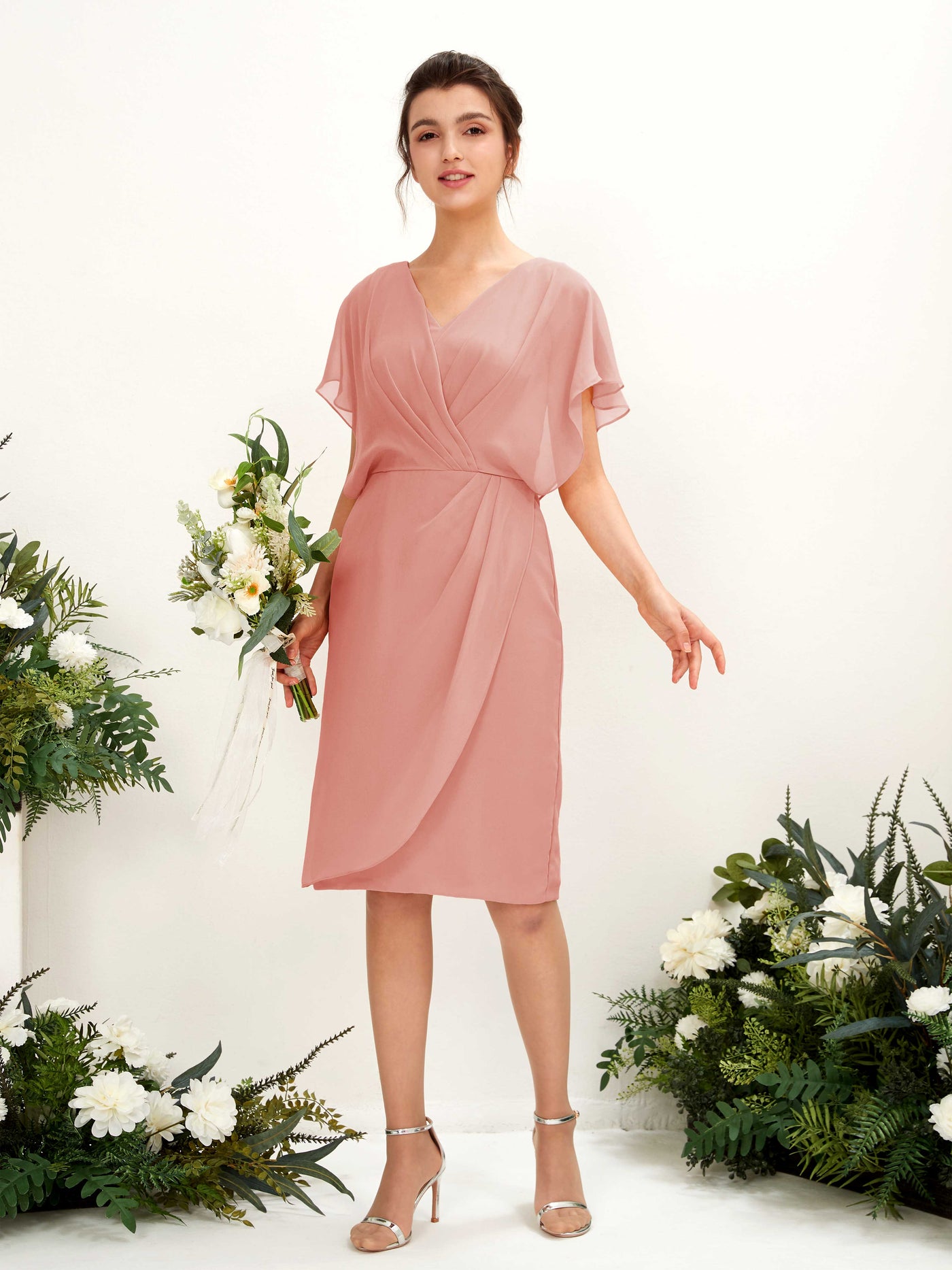 V-neck Short Sleeves Chiffon Bridesmaid Dress - Champagne Rose (81222206)#color_champagne-rose