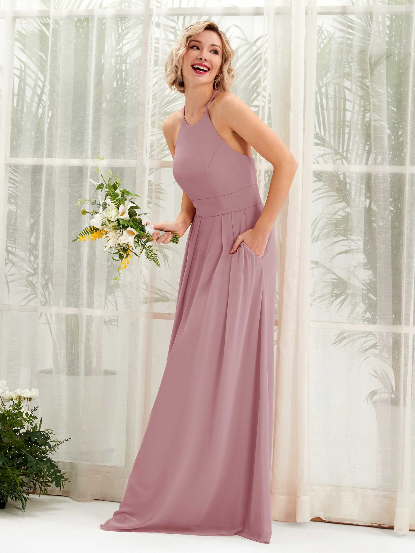 A-line Ball Gown Halter Spaghetti-straps Sleeveless Bridesmaid Dress - Vintage Mauve (81225201)#color_vintage-mauve