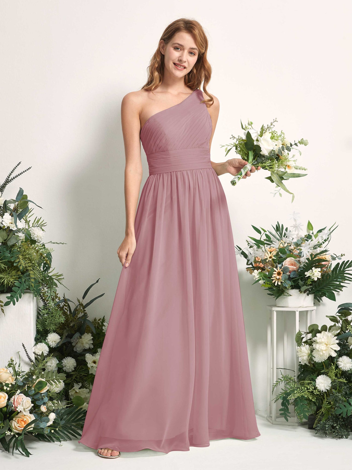 Bridesmaid Dress A-line Chiffon One Shoulder Full Length Sleeveless Wedding Party Dress - Vintage Mauve (81226701)#color_vintage-mauve