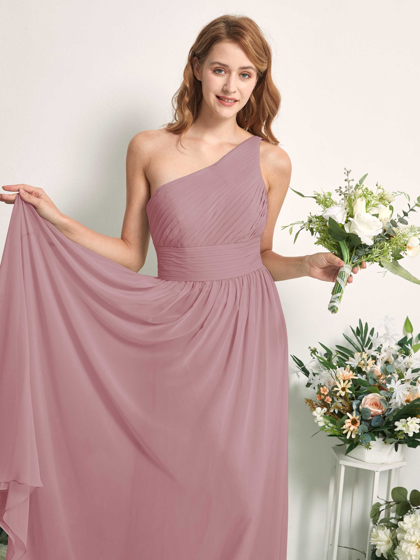 Bridesmaid Dress A-line Chiffon One Shoulder Full Length Sleeveless Wedding Party Dress - Vintage Mauve (81226701)#color_vintage-mauve