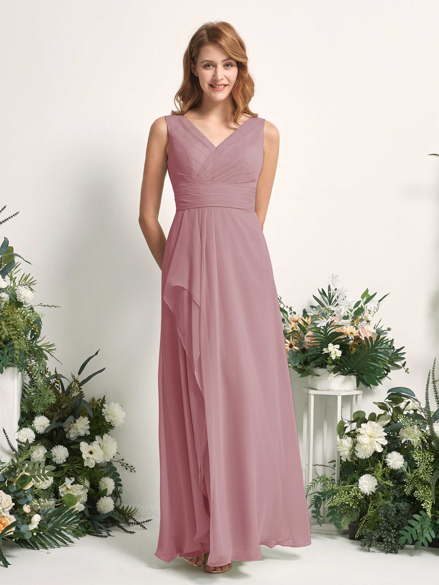 Bridesmaid Dress A-line Chiffon V-neck Full Length Sleeveless Wedding Party Dress - Vintage Mauve (81227101)#color_vintage-mauve