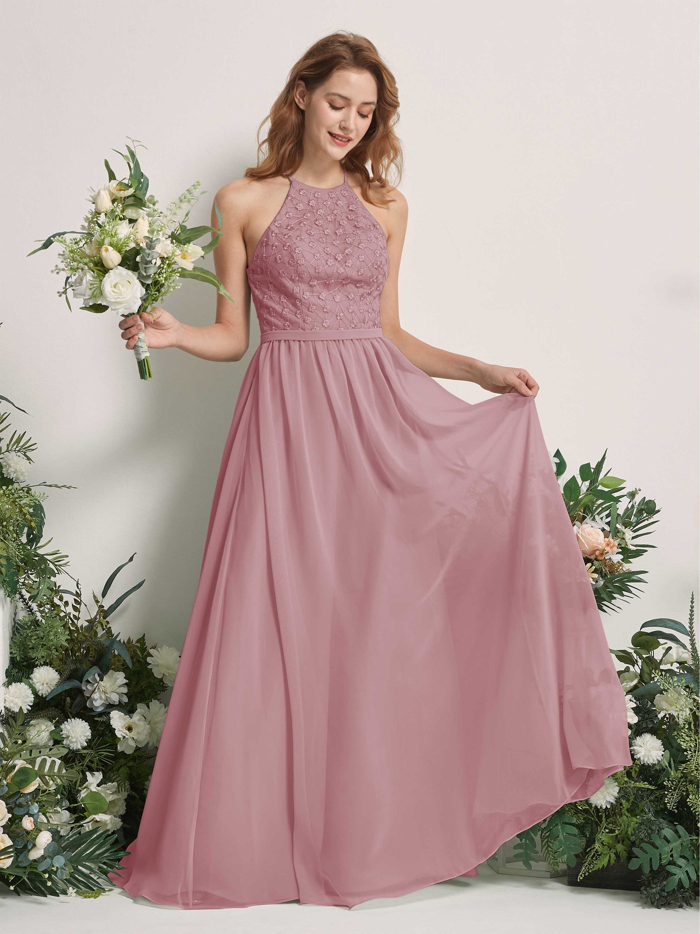 Vintage Mauve Bridesmaid Dresses A-line Halter Sleeveless Chiffon Dresses (83220801)#color_vintage-mauve