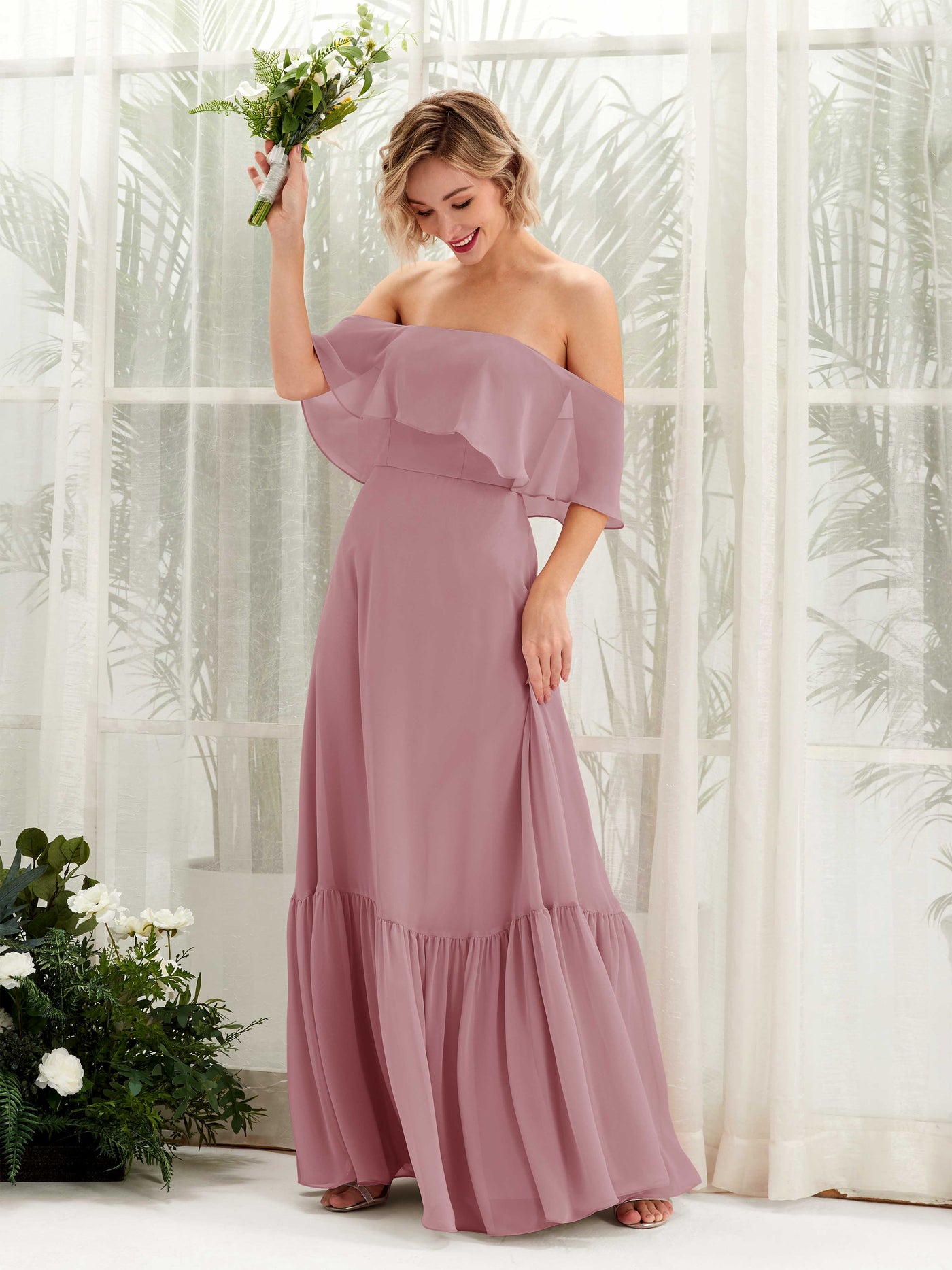 A-line Off Shoulder Chiffon Bridesmaid Dress - Vintage Mauve (81224501)#color_vintage-mauve