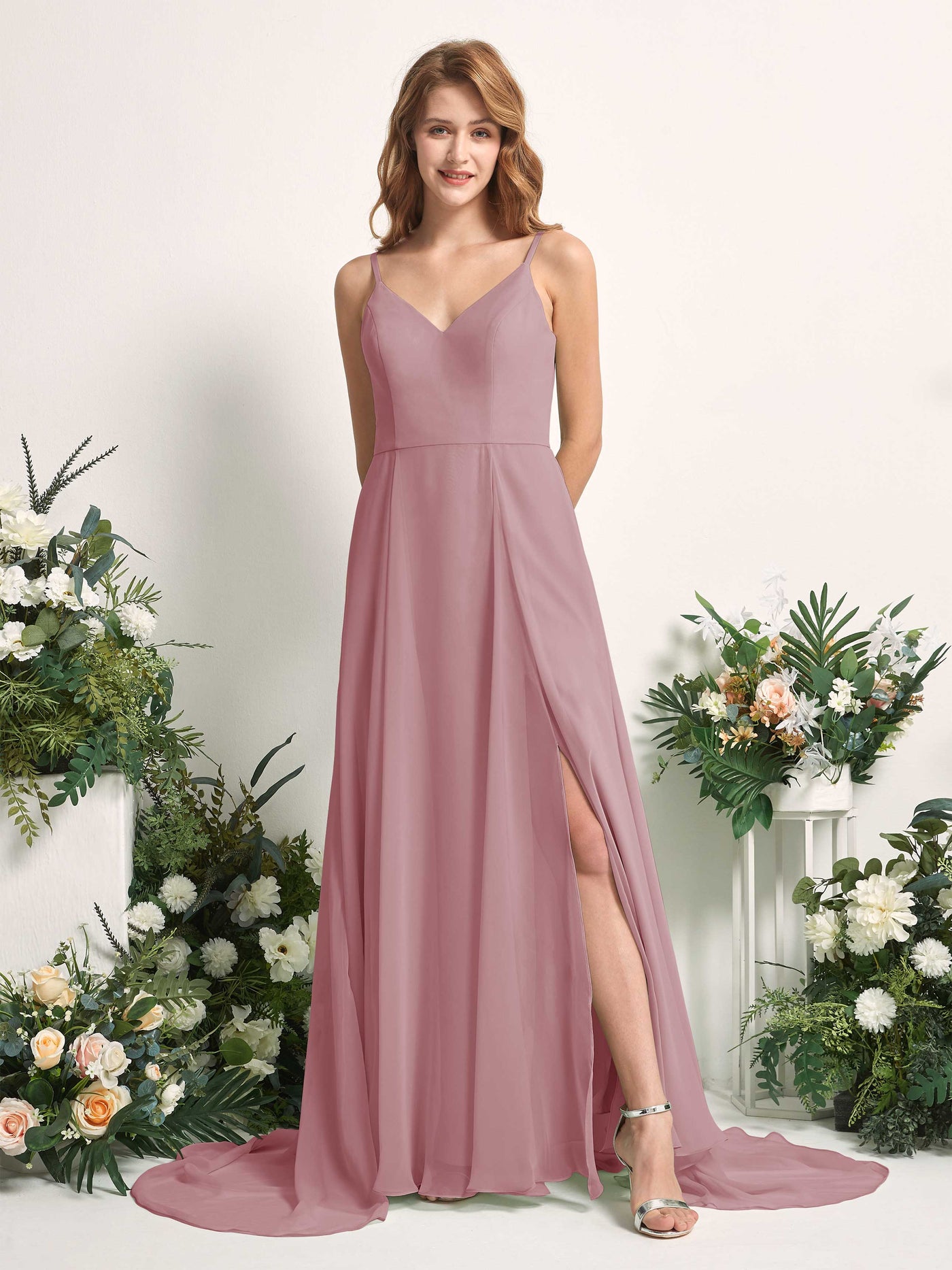 Bridesmaid Dress A-line Chiffon Spaghetti-straps Full Length Sleeveless Wedding Party Dress - Vintage Mauve (81227701)#color_vintage-mauve