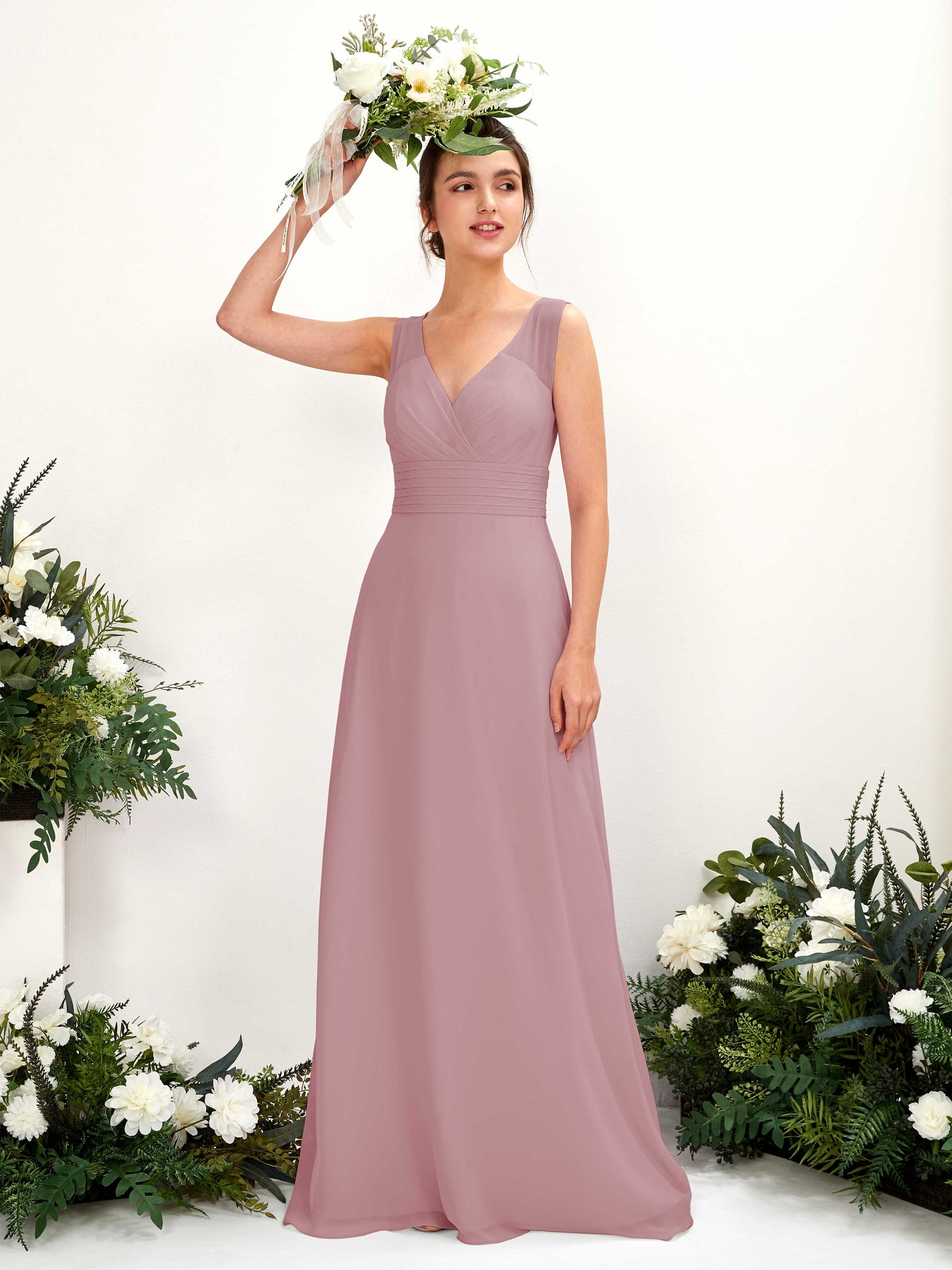 A-line V-neck Sleeveless Chiffon Bridesmaid Dress - Vintage Mauve (81220901)#color_vintage-mauve