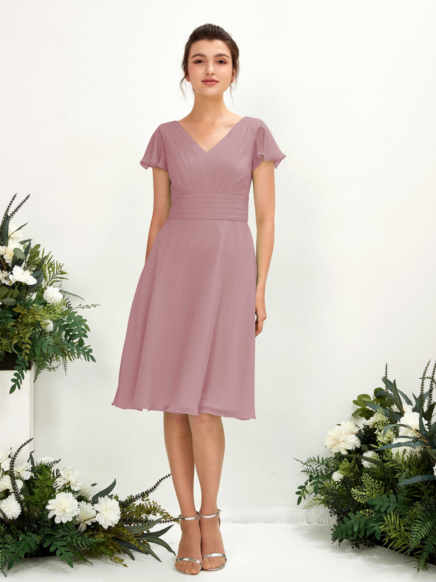 V-neck Short Sleeves Chiffon Bridesmaid Dress - Vintage Mauve (81220201)#color_vintage-mauve