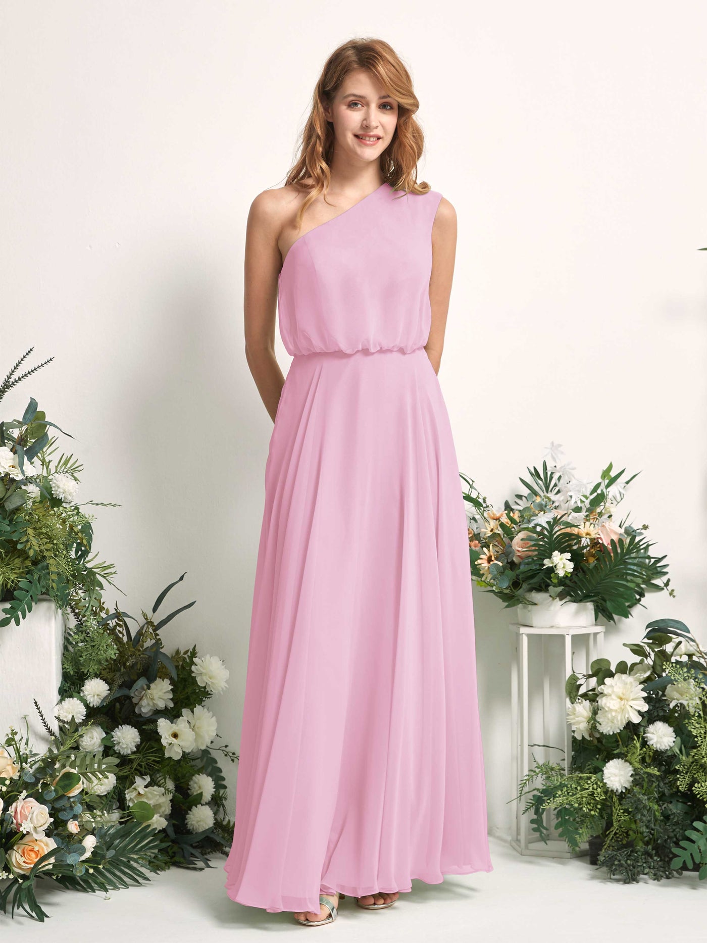 Bridesmaid Dress A-line Chiffon One Shoulder Full Length Sleeveless Wedding Party Dress - Candy Pink (81226839)#color_candy-pink