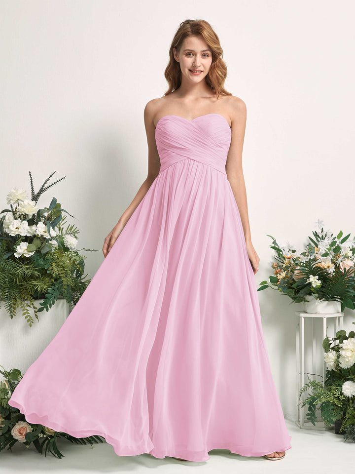 Bridesmaid Dress A-line Chiffon Sweetheart Full Length Sleeveless Wedding Party Dress - Candy Pink (81226939)