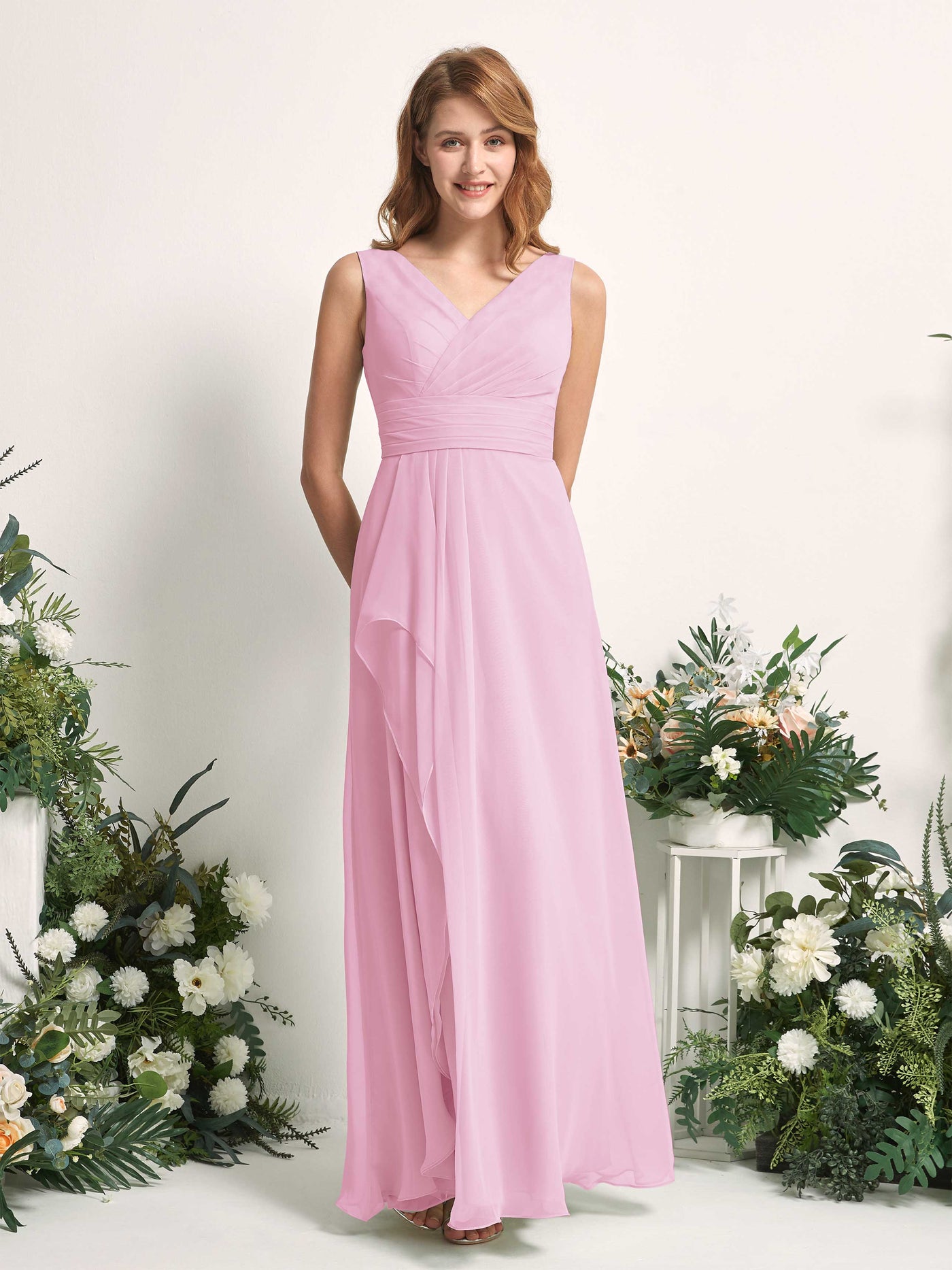 Carlyna Mollie A-Line Candy Pink Bridesmaid Dress Maxi Sleeveless V-Neck Dress #color_candy-pink