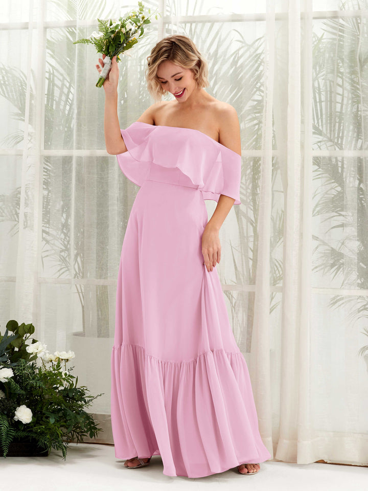 A-line Off Shoulder Chiffon Bridesmaid Dress - Candy Pink (81224539)