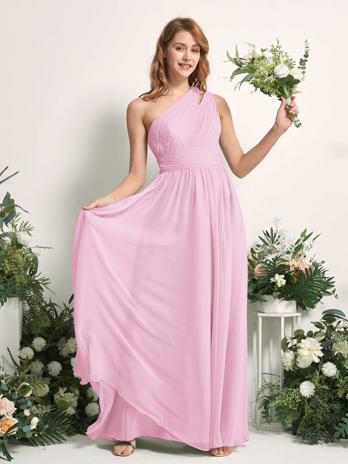 Carlyna Evelyn A-Line Candy Pink Bridesmaid Dress Maxi Sleeveless One Shoulder Dress #color_candy-pink