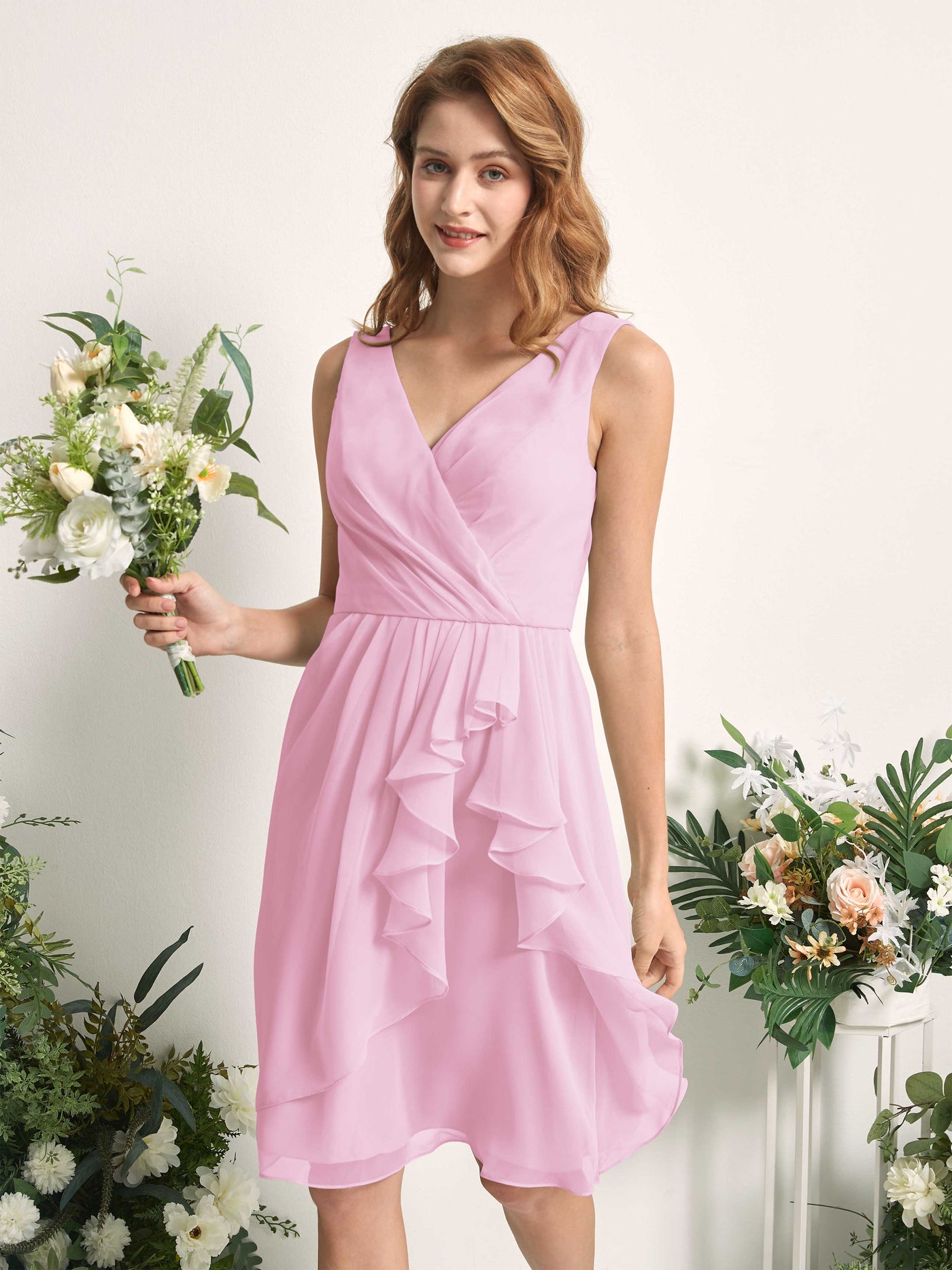 Bridesmaid Dress A-line Chiffon Straps Knee Length Sleeveless Wedding Party Dress - Candy Pink (81226639)#color_candy-pink