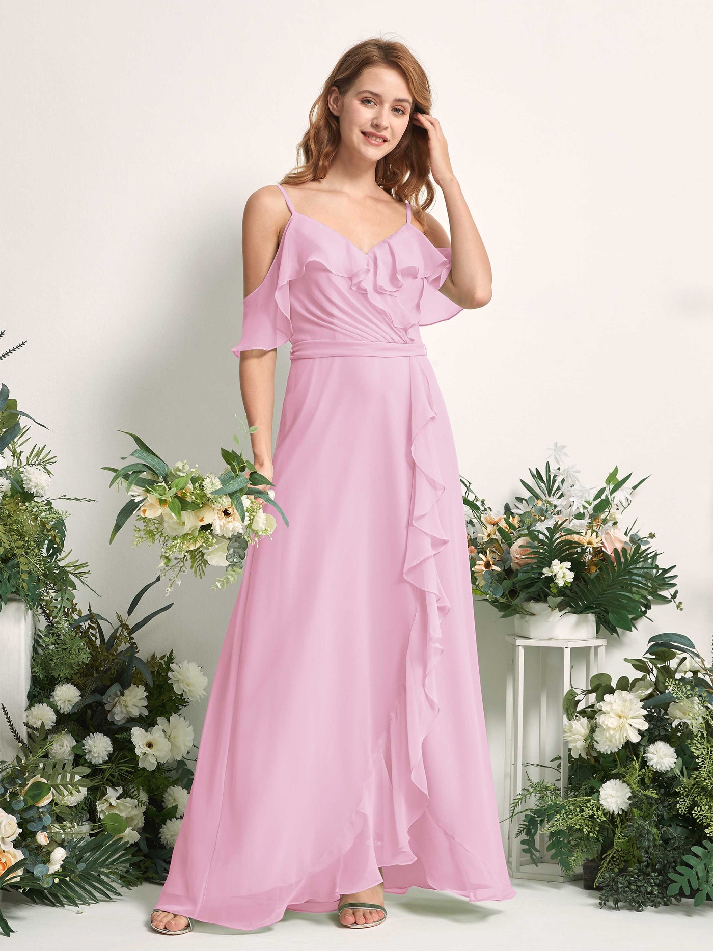 Bridesmaid Dress A-line Chiffon Spaghetti-straps Full Length Sleeveless Wedding Party Dress - Candy Pink (81227439)#color_candy-pink