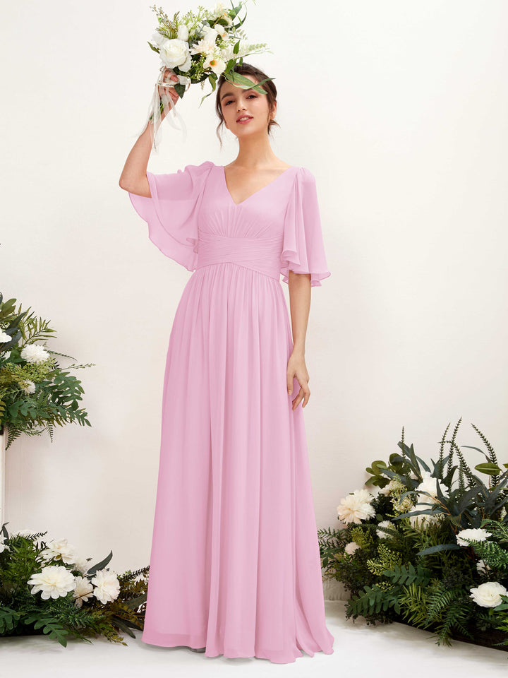 A-line V-neck 1/2 Sleeves Chiffon Bridesmaid Dress - Candy Pink (81221639)