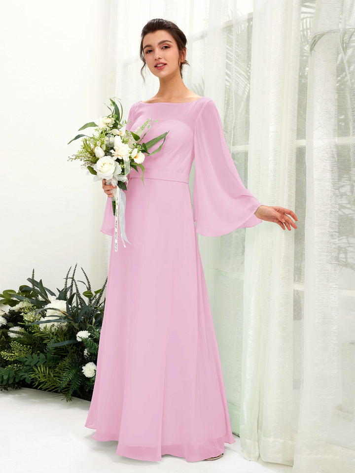 Bateau Illusion Long Sleeves Chiffon Bridesmaid Dress - Candy Pink (81220539)