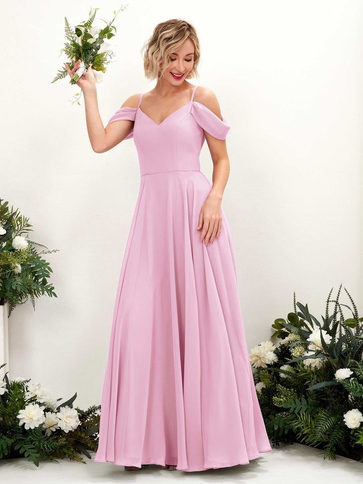 Off Shoulder Straps V-neck Sleeveless Chiffon Bridesmaid Dress - Candy Pink (81224939)