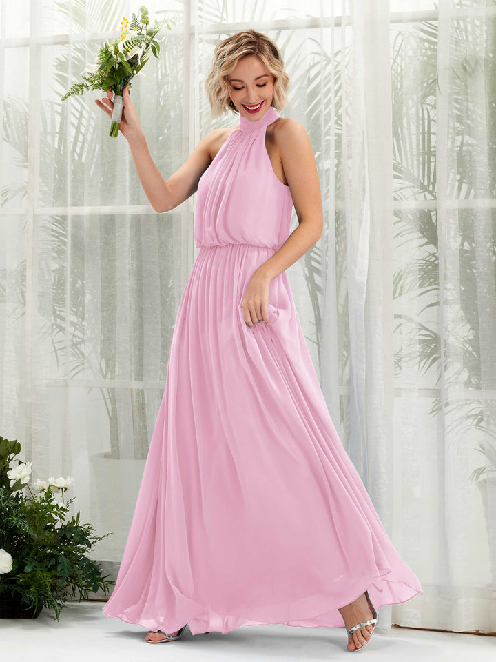 Carlyna Bess A-Line Candy Pink Bridesmaid Dress Maxi Sleeveless Halter Dress 