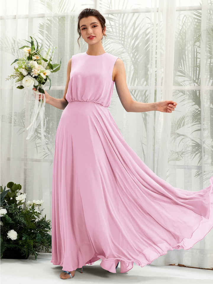 Round Sleeveless Chiffon Bridesmaid Dress - Candy Pink (81222839)