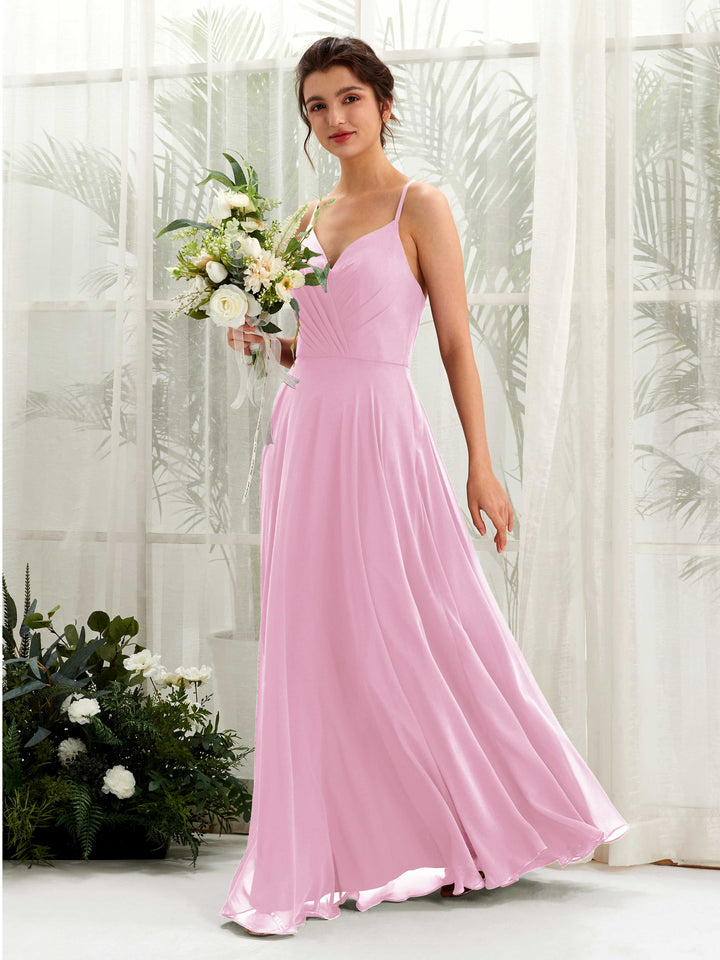 Spaghetti-straps V-neck Sleeveless Bridesmaid Dress - Candy Pink (81224239)