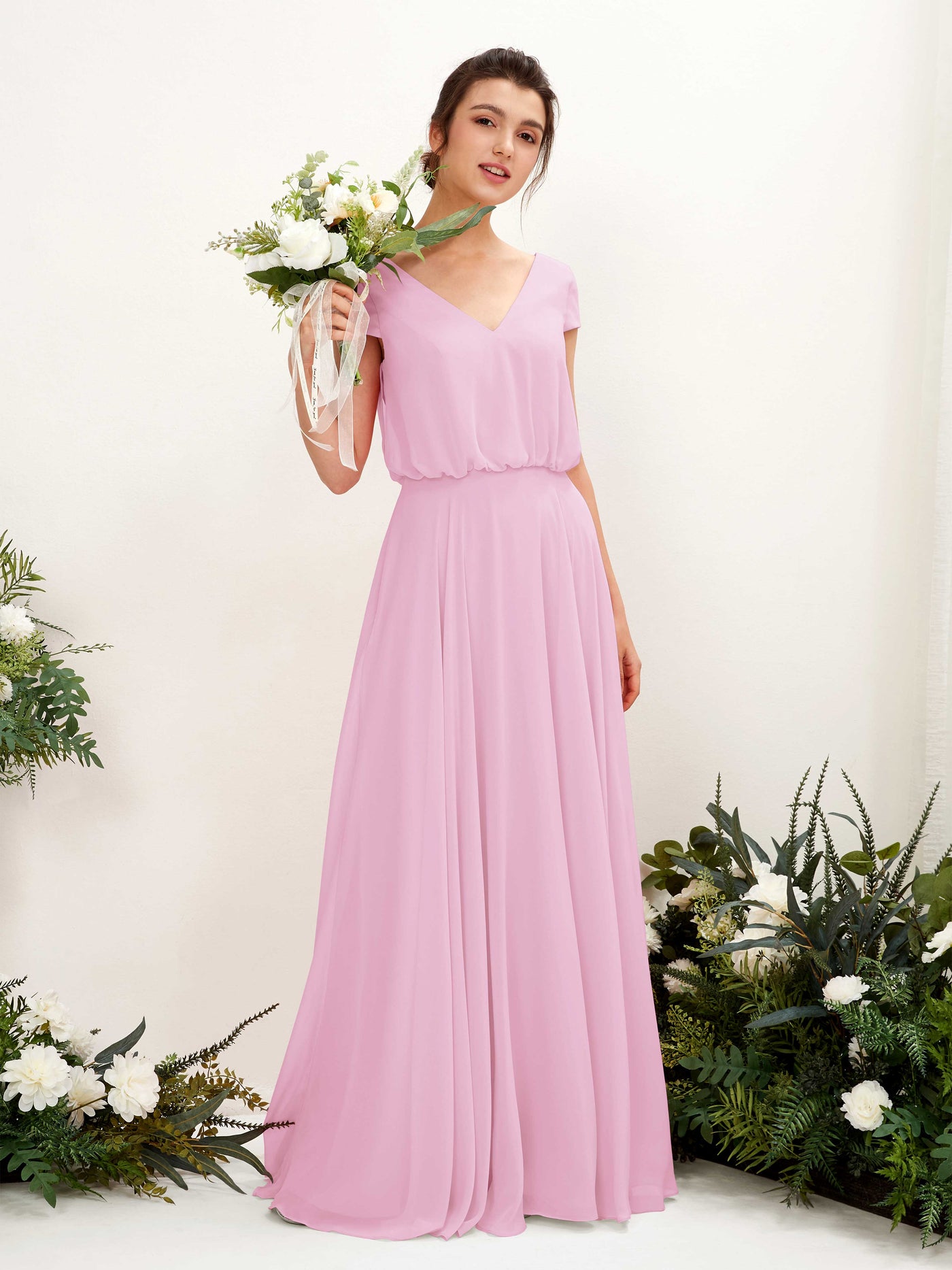 V-neck Cap Sleeves Chiffon Bridesmaid Dress - Candy Pink (81221839)#color_candy-pink