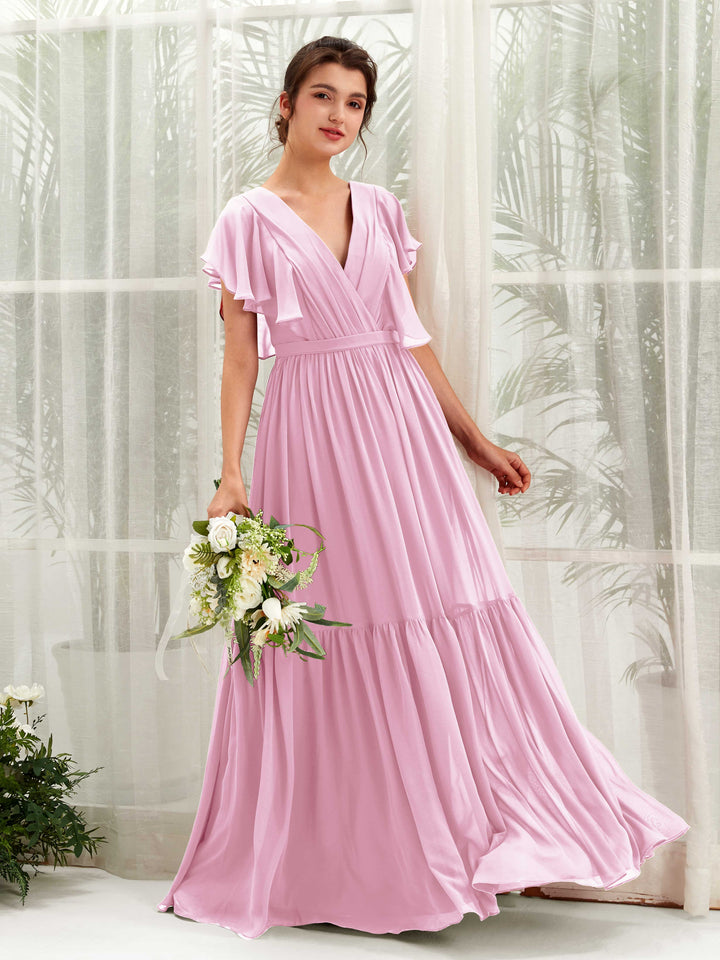 V-neck Cap Sleeves Chiffon Bridesmaid Dress - Candy Pink (81225939)