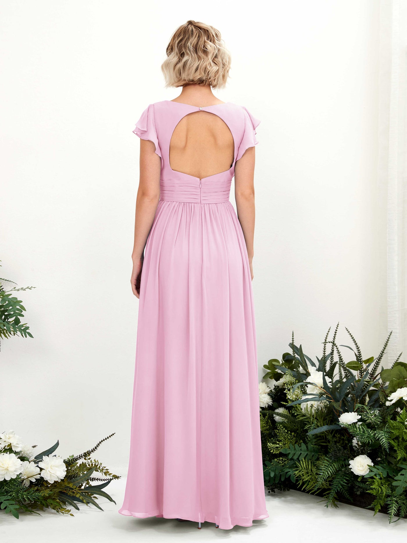 Carlyna Grino A-Line Candy Pink Bridesmaid Dress Maxi Cap Sleeve V-Neck Dress #color_candy-pink