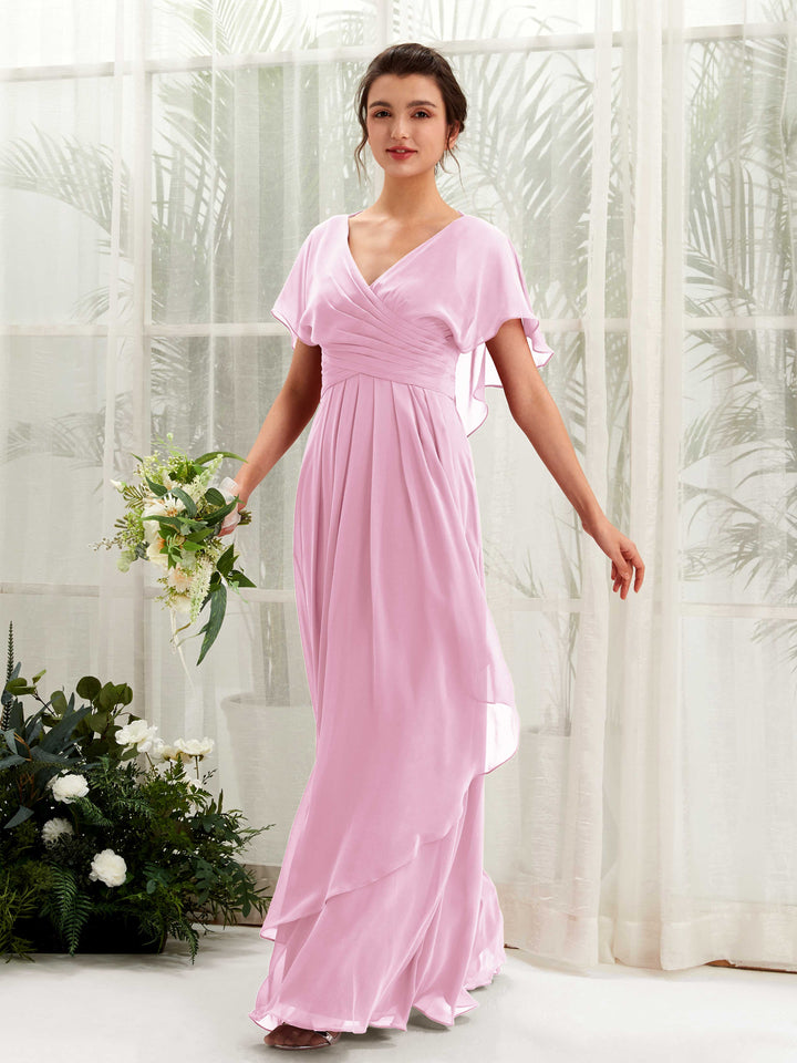 Carlyna Darlene A-Line Candy Pink Bridesmaid Dress Maxi Short Sleeve V-Neck Dress 