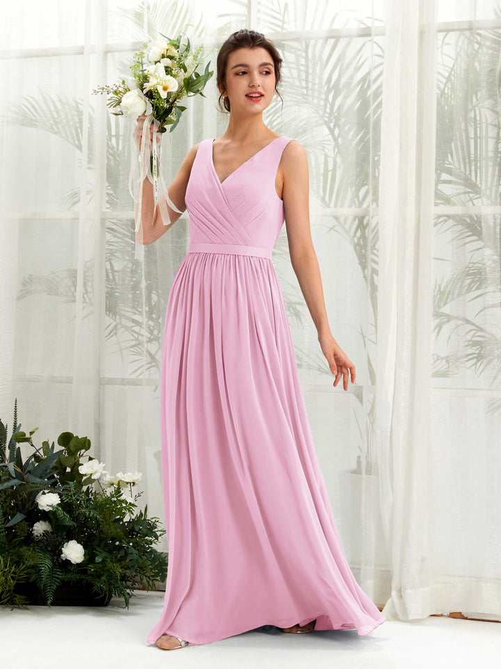 V-neck Sleeveless Chiffon Bridesmaid Dress - Candy Pink (81223639)