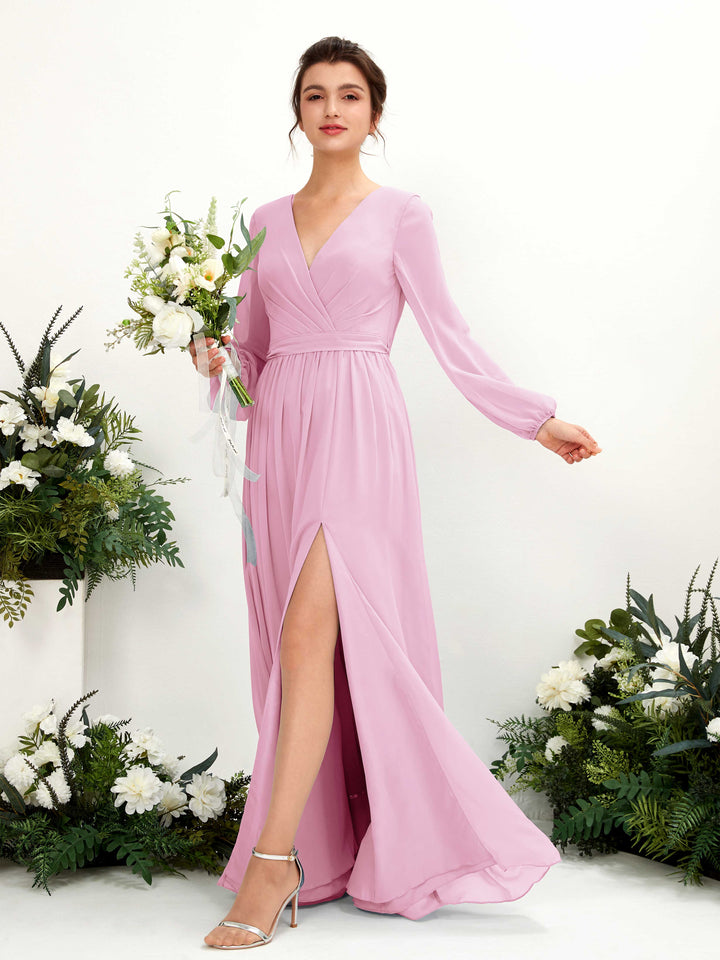 Carlyna Ginny A-Line Candy Pink Bridesmaid Dress Maxi Long Sleeve V-Neck  