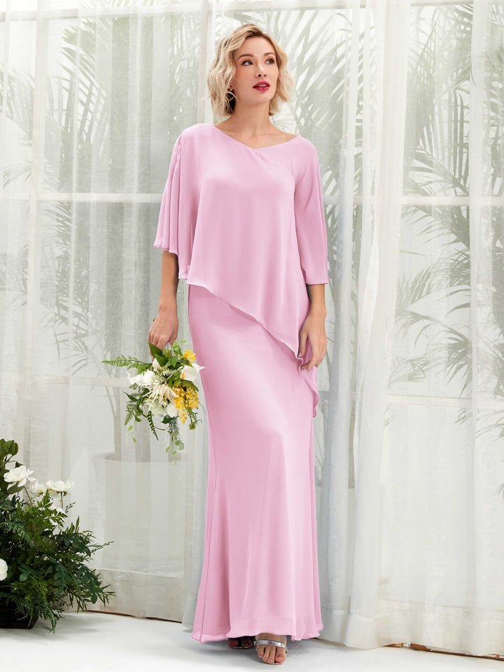 V-neck 3/4 Sleeves Chiffon Bridesmaid Dress - Candy Pink (81222539)