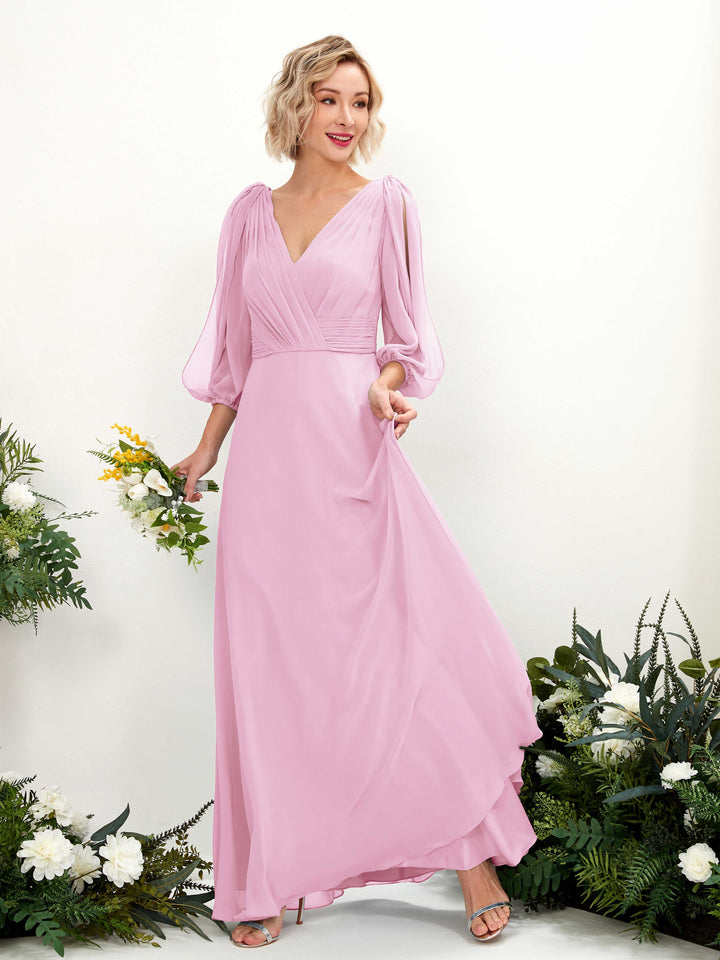 V-neck 3/4 Sleeves Chiffon Bridesmaid Dress - Candy Pink (81223539)