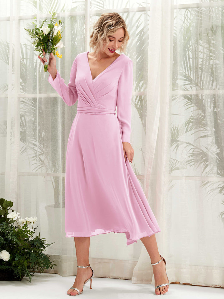 V-neck Long Sleeves Chiffon Bridesmaid Dress - Candy Pink (81223339)