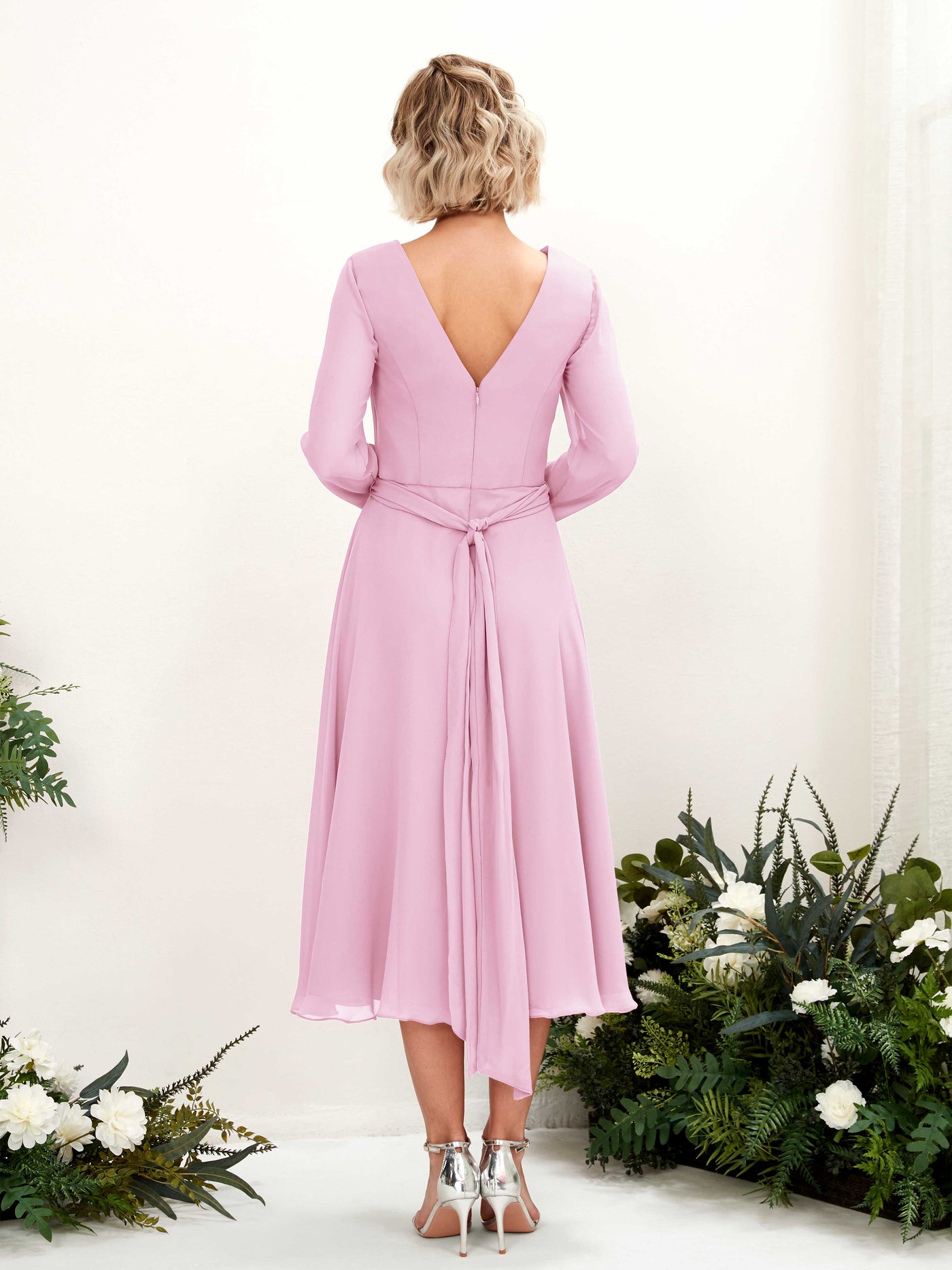 Carlyna Joanna A-Line Candy Pink Bridesmaid Dress Midi Long Sleeve V-Neck  #color_candy-pink