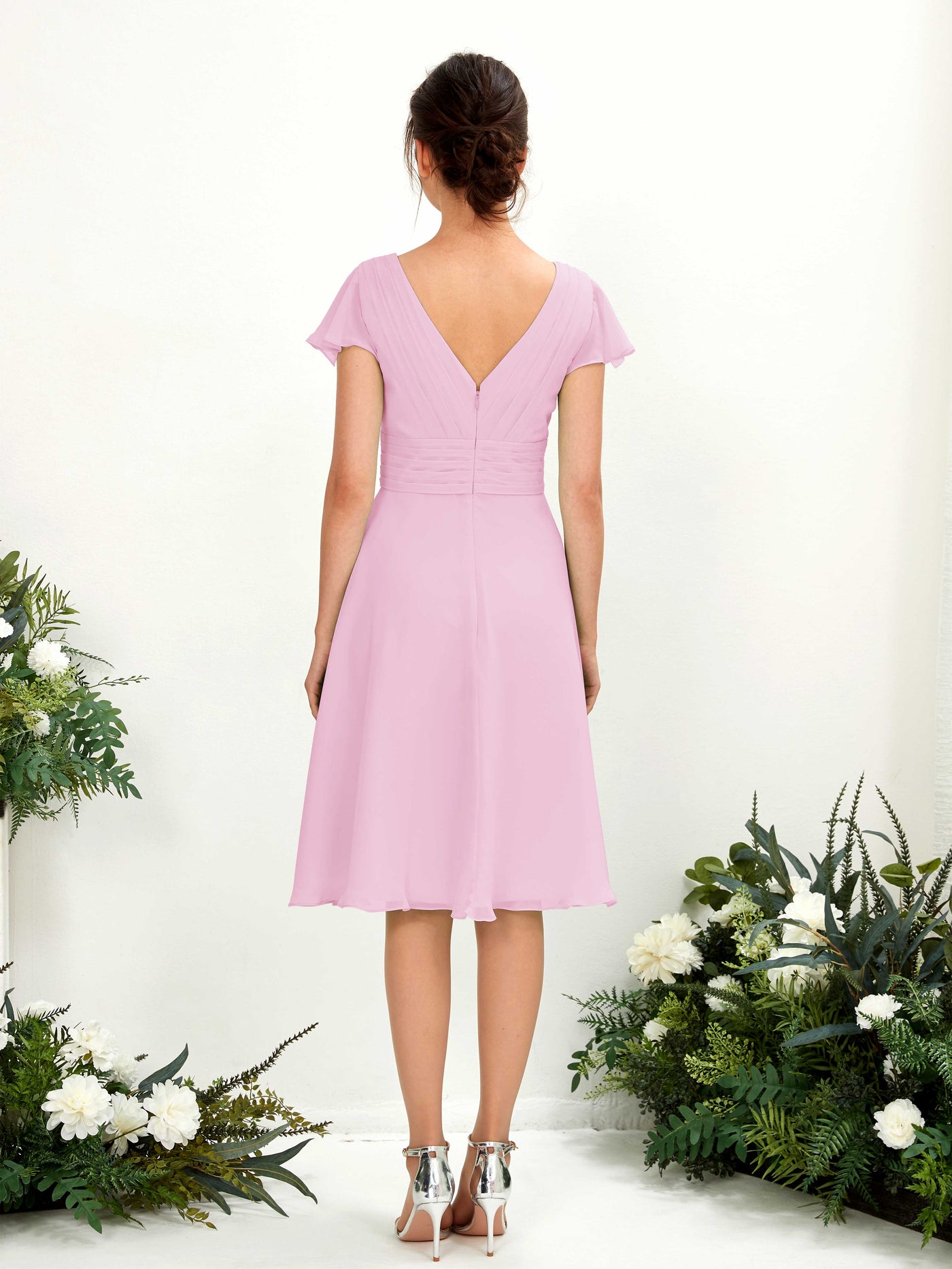 Carlyna Betty A-Line Candy Pink Bridesmaid Dress Knee-Length Short Sleeve V-Neck Dress #color_candy-pink