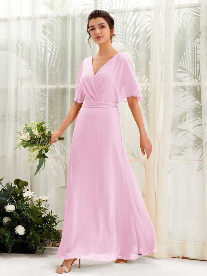 V-neck Short Sleeves Chiffon Bridesmaid Dress - Candy Pink (81222439)