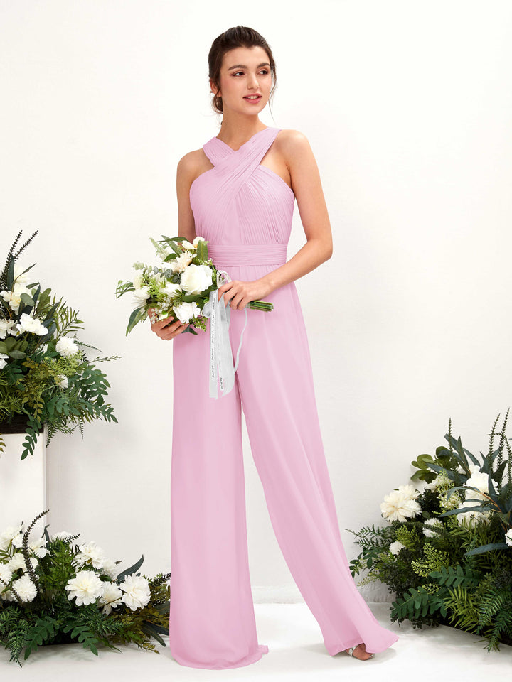 V-neck Sleeveless Chiffon Bridesmaid Dress Wide-Leg Jumpsuit - Candy Pink (81220739)