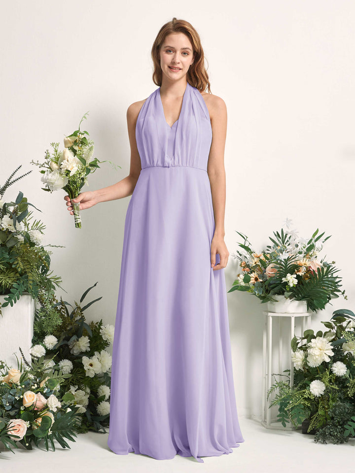 Bridesmaid Dress A-line Chiffon Halter Full Length Short Sleeves Wedding Party Dress - Lilac (81226314)