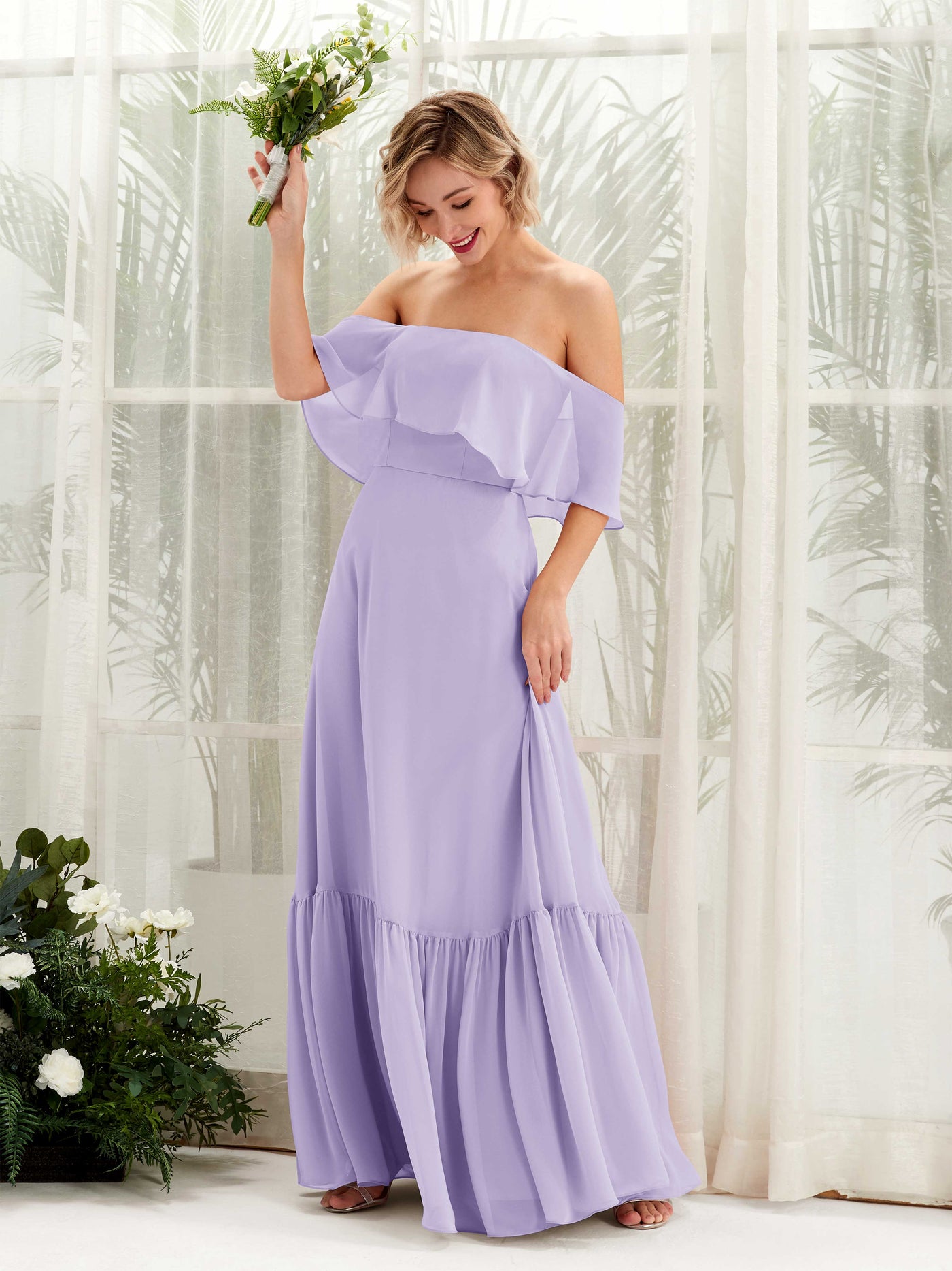 Carlyna Joie A-Line Lilac Bridesmaid Dress Maxi Sleeveless Off the Shoulder Dress #color_lilac