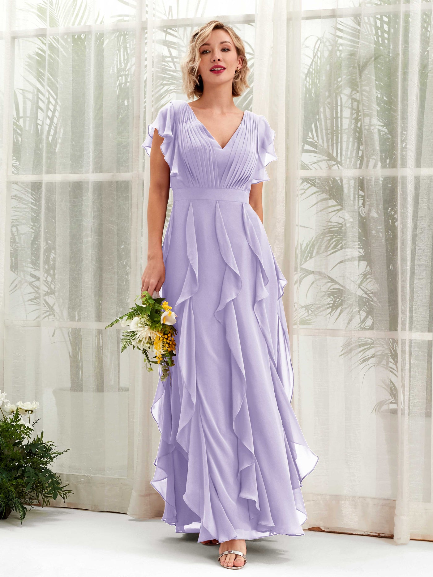 Carlyna Cynthia A-Line Lilac Bridesmaid Dress Maxi Cap Sleeve V-Neck Dress #color_lilac